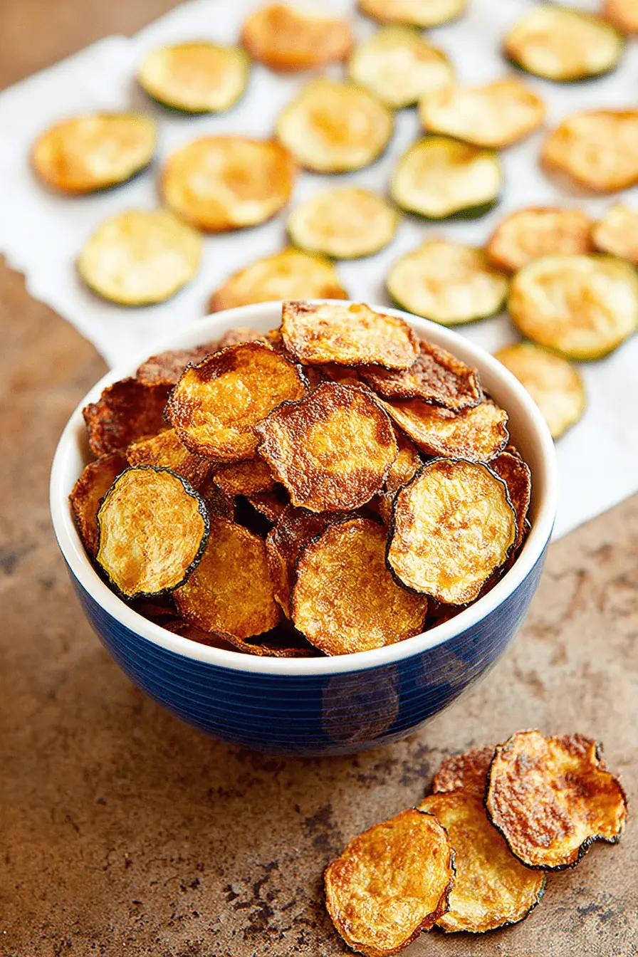The Ultimate Crispy Baked Zucchini Chips 2 Overhead shot of a deep blue bowl brimming with golden-brown, crispy zucchini chips, with more scattered on parchment paper.