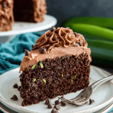 Ultimate Moist Chocolate Zucchini Cake 3 A moist slice of homemade chocolate zucchini cake with rich chocolate frosting and mini chips on a white plate, set against a dark background with fresh zucchini.