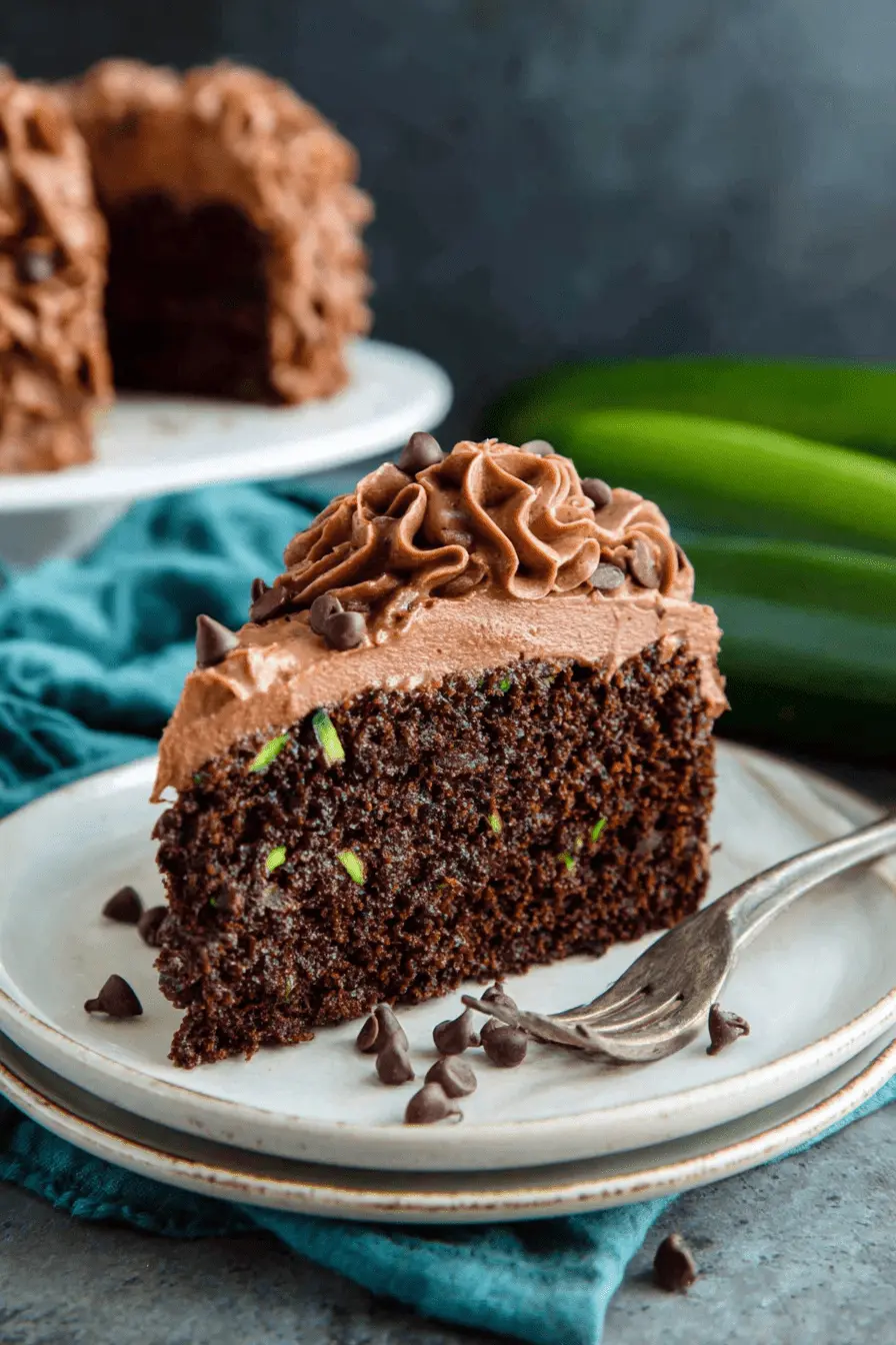 Ultimate Moist Chocolate Zucchini Cake 2 A moist slice of homemade chocolate zucchini cake with rich chocolate frosting and mini chips on a white plate, set against a dark background with fresh zucchini.