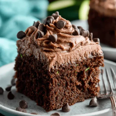 Decadent Chocolate Zucchini Cake: Surprisingly Moist 3 A delicious slice of homemade chocolate zucchini cake with rich chocolate frosting and chips on a gray plate.