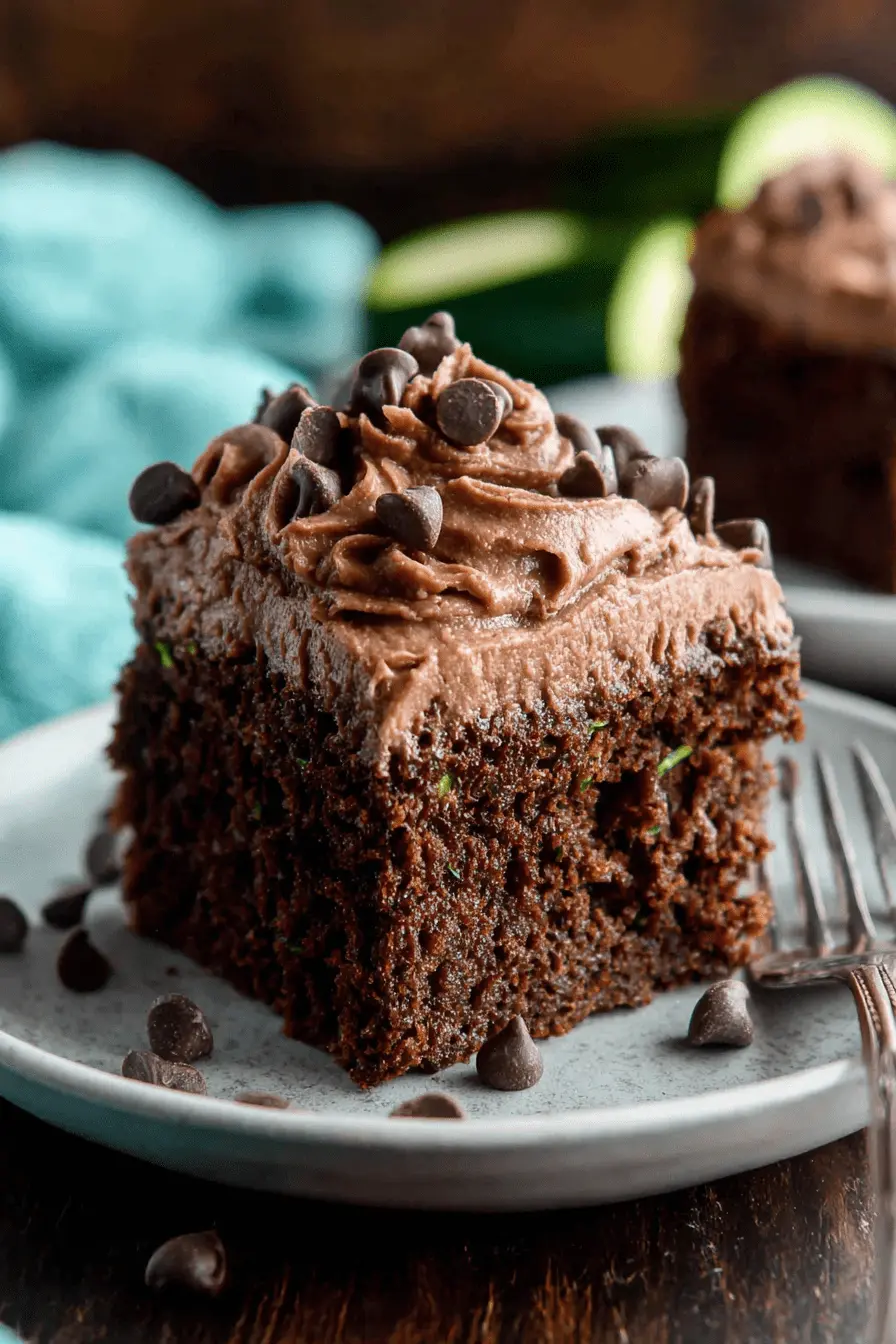 Decadent Chocolate Zucchini Cake: Surprisingly Moist 2 A delicious slice of homemade chocolate zucchini cake with rich chocolate frosting and chips on a gray plate.
