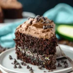 Foolproof Chocolate Zucchini Cake Recipe 8 Decadent slice of chocolate zucchini cake with rich chocolate frosting and chips on a rustic wooden surface.
