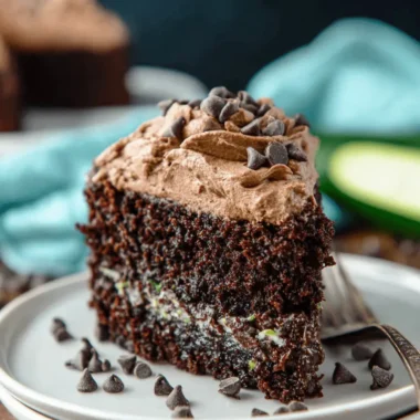 Foolproof Chocolate Zucchini Cake Recipe 3 Decadent slice of chocolate zucchini cake with rich chocolate frosting and chips on a rustic wooden surface.