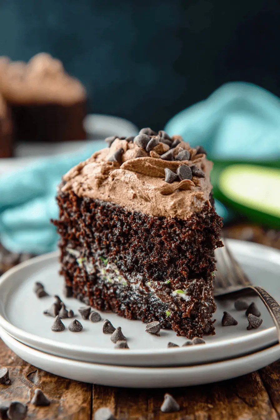 Foolproof Chocolate Zucchini Cake Recipe 2 Decadent slice of chocolate zucchini cake with rich chocolate frosting and chips on a rustic wooden surface.