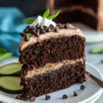 Amazing Chocolate Zucchini Cake Recipe 7 A decadent slice of moist chocolate zucchini cake on a white plate, topped with chocolate frosting, whipped cream, and fresh mint.