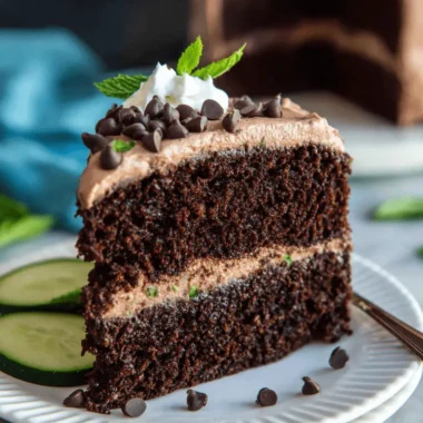 Amazing Chocolate Zucchini Cake Recipe 4 A decadent slice of moist chocolate zucchini cake on a white plate, topped with chocolate frosting, whipped cream, and fresh mint.