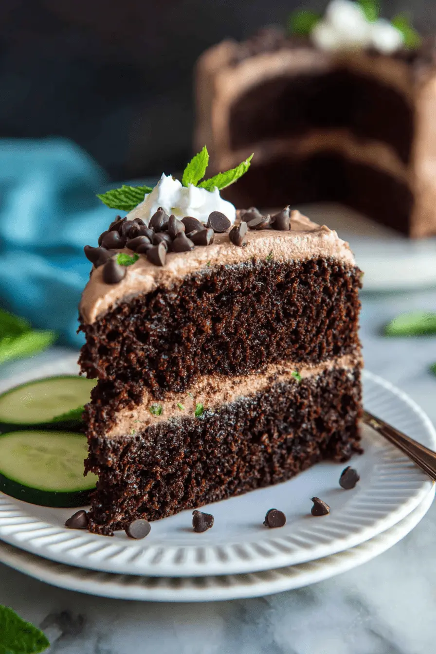 Amazing Chocolate Zucchini Cake Recipe 2 A decadent slice of moist chocolate zucchini cake on a white plate, topped with chocolate frosting, whipped cream, and fresh mint.