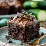 Decadent Chocolate Zucchini Cake Recipe 6 A decadent slice of moist chocolate zucchini cake with creamy frosting, chocolate chips, and green zest, served on a light blue plate with a golden fork.