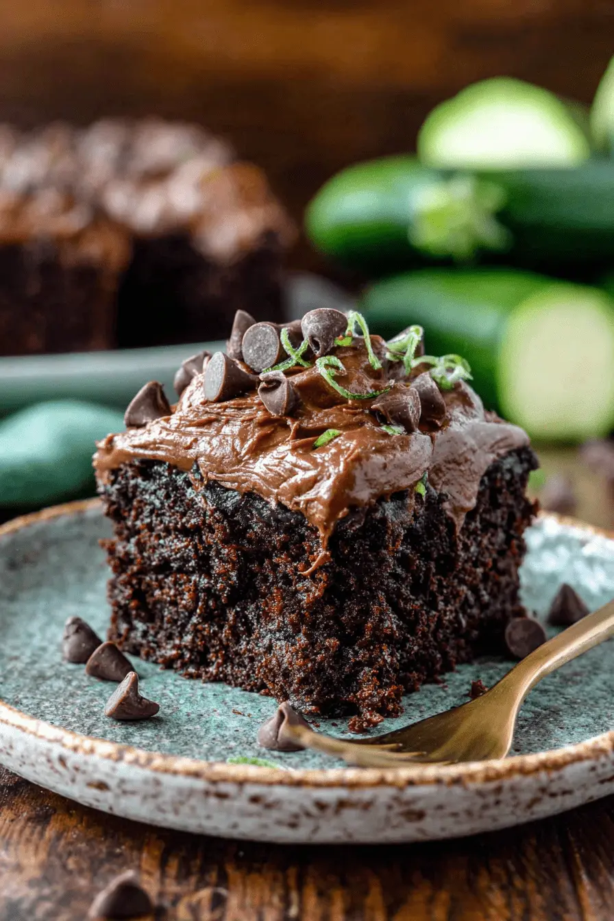 Decadent Chocolate Zucchini Cake Recipe 2 A decadent slice of moist chocolate zucchini cake with creamy frosting, chocolate chips, and green zest, served on a light blue plate with a golden fork.