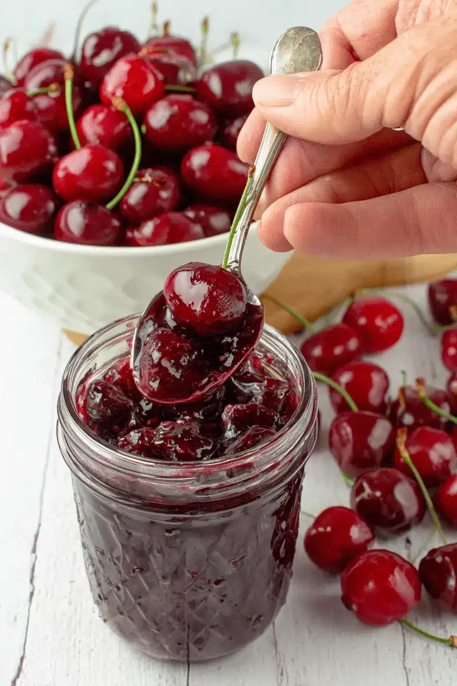 Amazing Easy Cherry Preserves Recipe 2 Glass jar of homemade cherry preserves with a spoon, highlighting a delicious cherry preserves recipe.