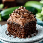 Amazing Chocolate Zucchini Cake: Easy & Moist Recipe 5 A moist slice of homemade chocolate zucchini cake with creamy frosting and chocolate chips on a white plate.
