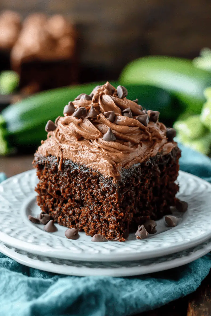 Amazing Chocolate Zucchini Cake: Easy & Moist Recipe 2 A moist slice of homemade chocolate zucchini cake with creamy frosting and chocolate chips on a white plate.