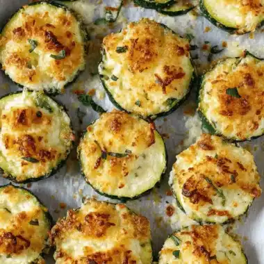 Amazing Baked Zucchini: Your New Favorite Side 3 Close-up of golden-brown cheesy baked zucchini rounds on parchment paper, garnished with fresh herbs.