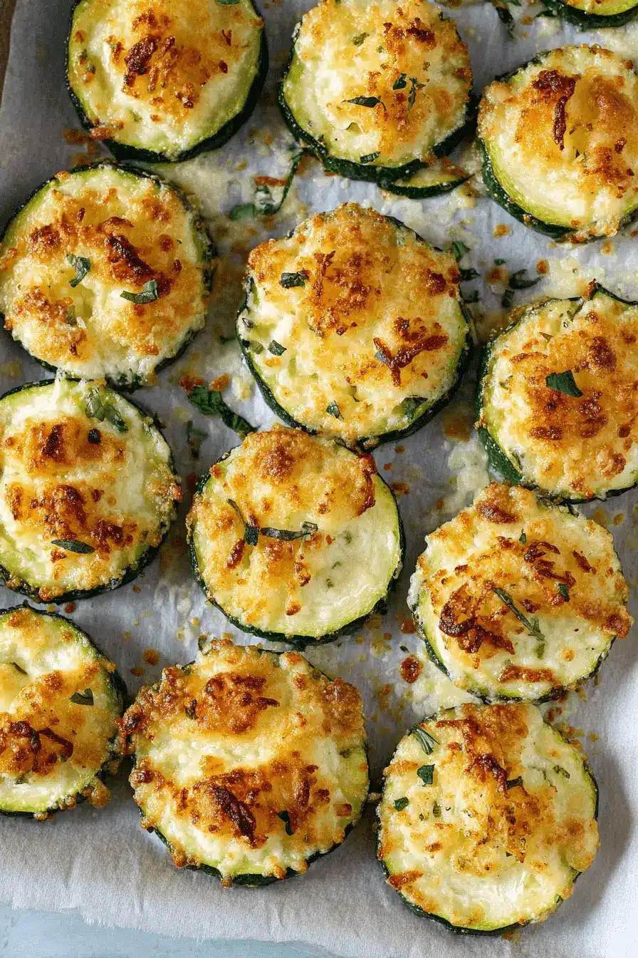Amazing Baked Zucchini: Your New Favorite Side 2 Close-up of golden-brown cheesy baked zucchini rounds on parchment paper, garnished with fresh herbs.