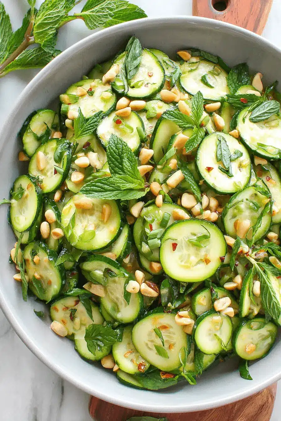 Easy & Vibrant Zucchini Salad Recipe 2 Overhead view of a vibrant zucchini salad with mint, peanuts, and green onions in a gray ceramic bowl.