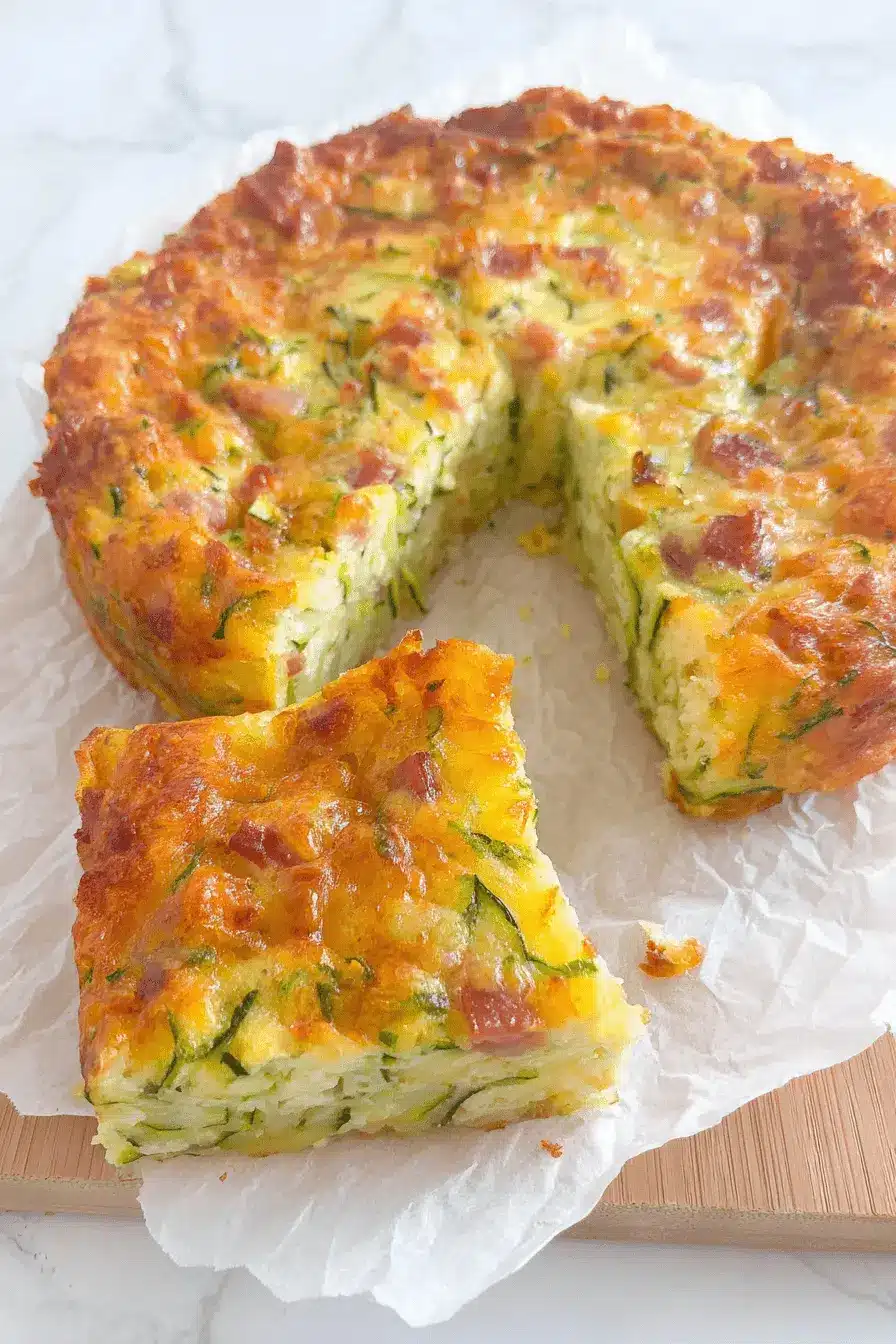 The Ultimate Foolproof Zucchini Slice 2 Delectable golden brown zucchini and ham quiche, with a perfect zucchini slice removed and ready to enjoy.