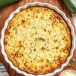Simple Zucchini Pie: Your New Weeknight Favorite 5 Rustic, freshly baked zucchini pie with a golden crust in a white ceramic dish, garnished with thyme and surrounded by fresh zucchini and Parmesan.