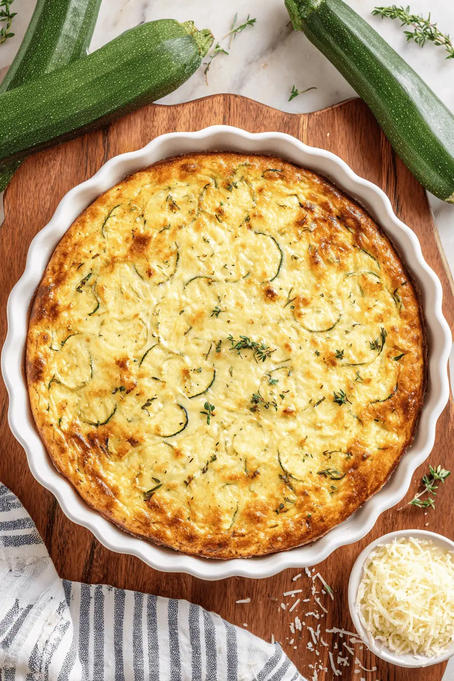 Simple Zucchini Pie: Your New Weeknight Favorite 2 Rustic, freshly baked zucchini pie with a golden crust in a white ceramic dish, garnished with thyme and surrounded by fresh zucchini and Parmesan.