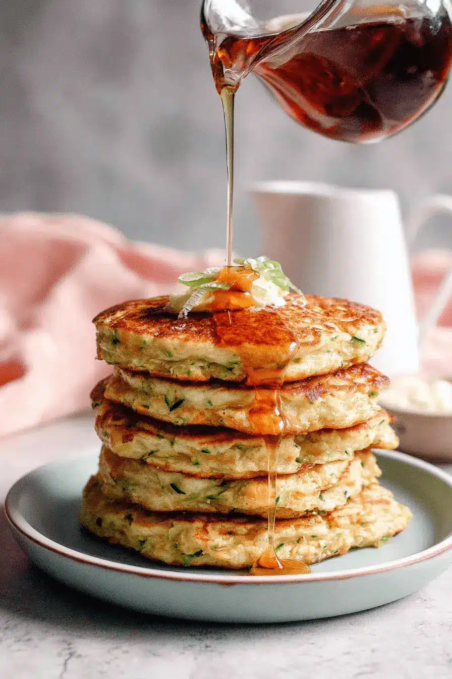 Ultimate Crispy Zucchini Pancakes 2 Stack of golden-brown zucchini pancakes with syrup being poured, garnished with cream and green onions.