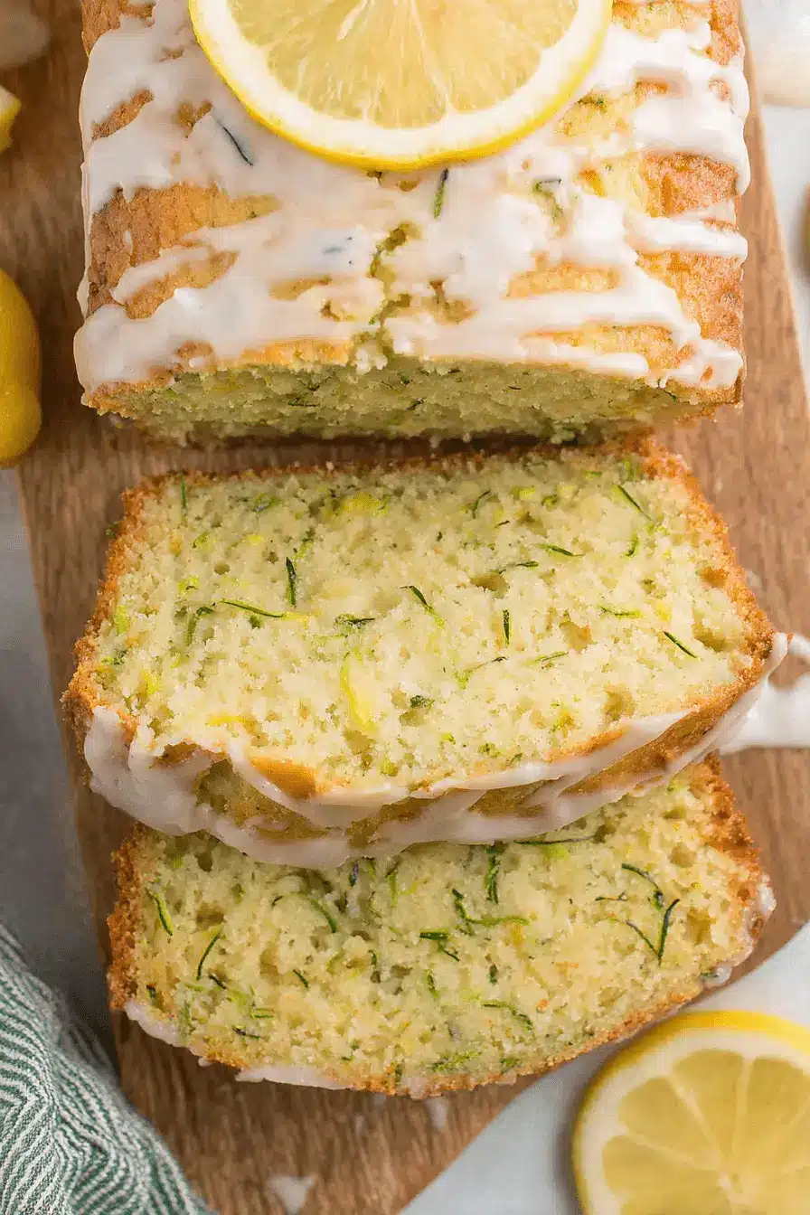 Ultimate Foolproof Lemon Zucchini Bread 2 Slices of moist lemon zucchini bread with white glaze and a fresh lemon slice on a wooden board.