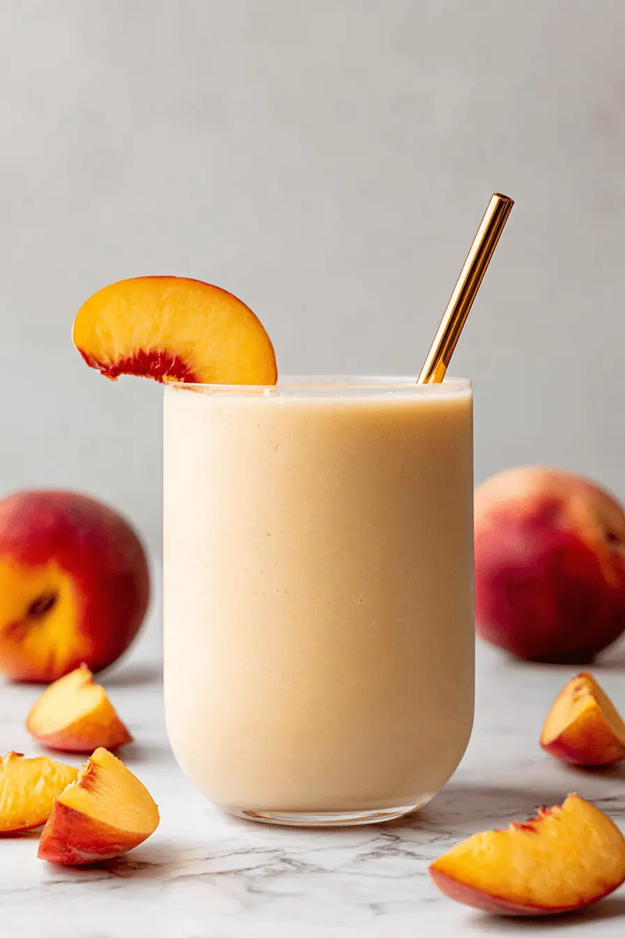 Amazing Peach Smoothie Recipes for Quick Mornings 2 Refreshing peach smoothie with fresh peach slices, ideal for inspiring new peach smoothie recipes.