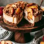 Ultimate Foolproof Peach Cheesecake 8 Delicious peach cheesecake with a crumble topping and fresh peach slices on a rustic wooden stand.
