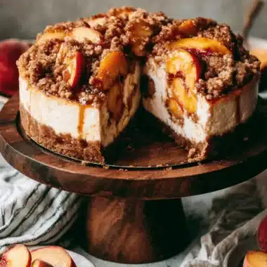 Ultimate Foolproof Peach Cheesecake 4 Delicious peach cheesecake with a crumble topping and fresh peach slices on a rustic wooden stand.