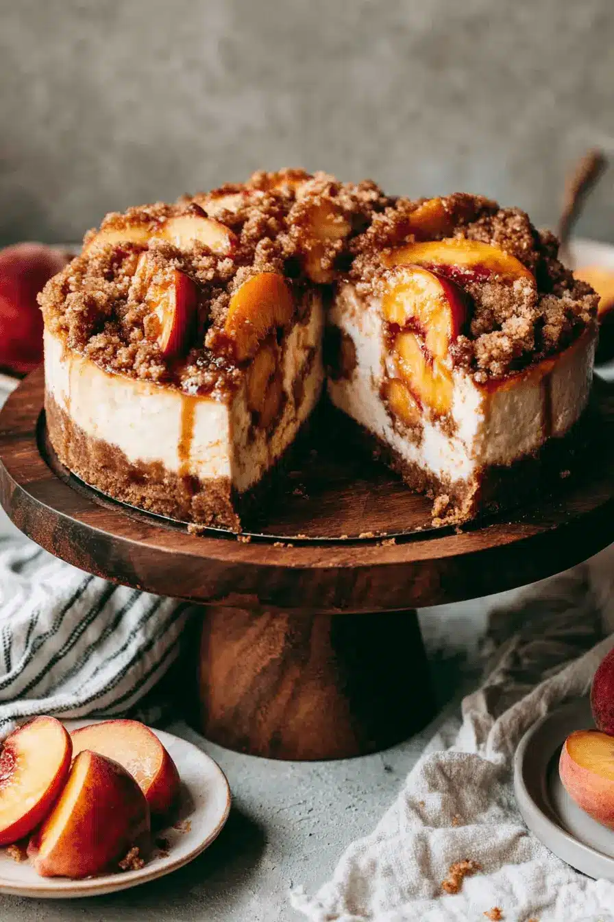 Ultimate Foolproof Peach Cheesecake 2 Delicious peach cheesecake with a crumble topping and fresh peach slices on a rustic wooden stand.