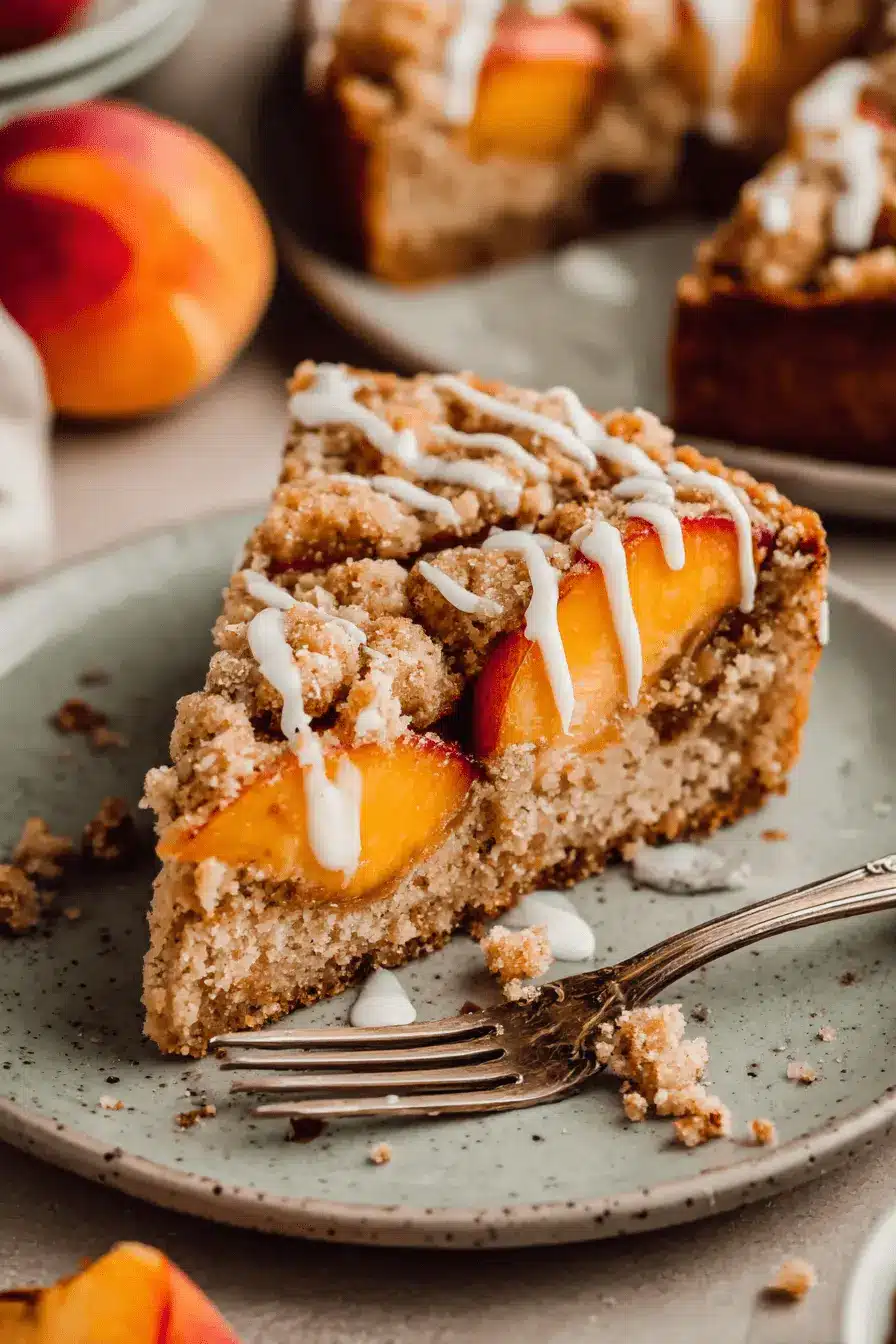 Amazing Peach Coffee Cake: Easy & Moist 2 A close-up of a delicious slice of peach coffee cake with a crumble topping and white glaze on a speckled plate.