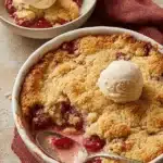 The Ultimate Easy Cherry Cobbler Recipe 8 Golden-brown cherry cobbler served in a white baking dish with melting vanilla ice cream, showcasing a delicious cherry cobbler recipe.