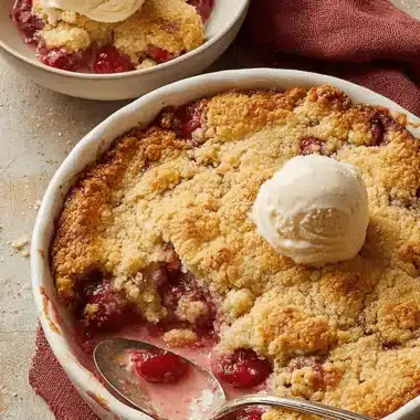 The Ultimate Easy Cherry Cobbler Recipe 3 Golden-brown cherry cobbler served in a white baking dish with melting vanilla ice cream, showcasing a delicious cherry cobbler recipe.