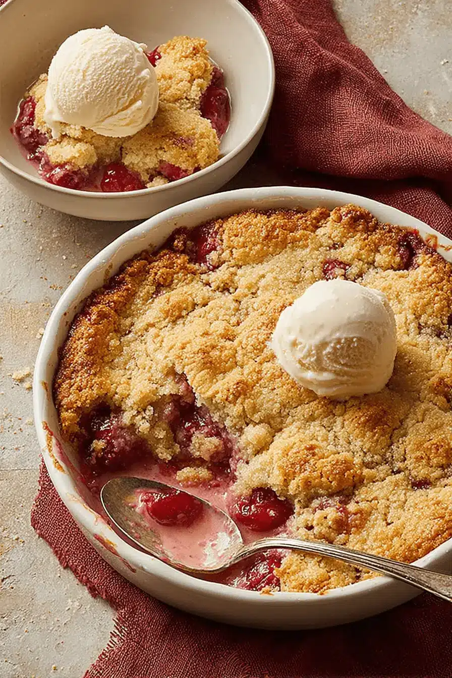 The Ultimate Easy Cherry Cobbler Recipe 2 Golden-brown cherry cobbler served in a white baking dish with melting vanilla ice cream, showcasing a delicious cherry cobbler recipe.