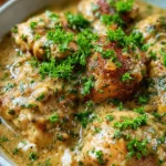 Easy One-Pot Creamy Smothered Chicken and Rice 6 Overhead view of a delicious bowl of Creamy Smothered Chicken and Rice, garnished with fresh parsley.
