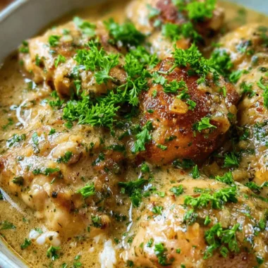 Easy One-Pot Creamy Smothered Chicken and Rice 3 Overhead view of a delicious bowl of Creamy Smothered Chicken and Rice, garnished with fresh parsley.