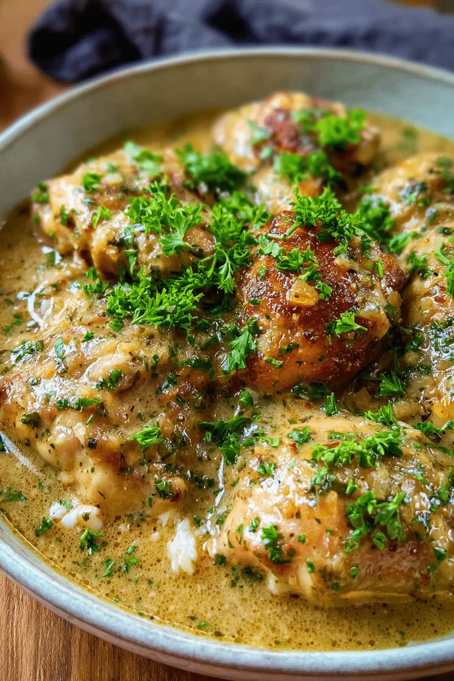 Easy One-Pot Creamy Smothered Chicken and Rice 2 Overhead view of a delicious bowl of Creamy Smothered Chicken and Rice, garnished with fresh parsley.