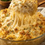 Amazing Joanna Gaines Chicken Spaghetti Recipe 5 A close-up of Joanna Gaines chicken spaghetti casserole in a glass dish, topped with golden-brown melted cheese and fresh parsley.