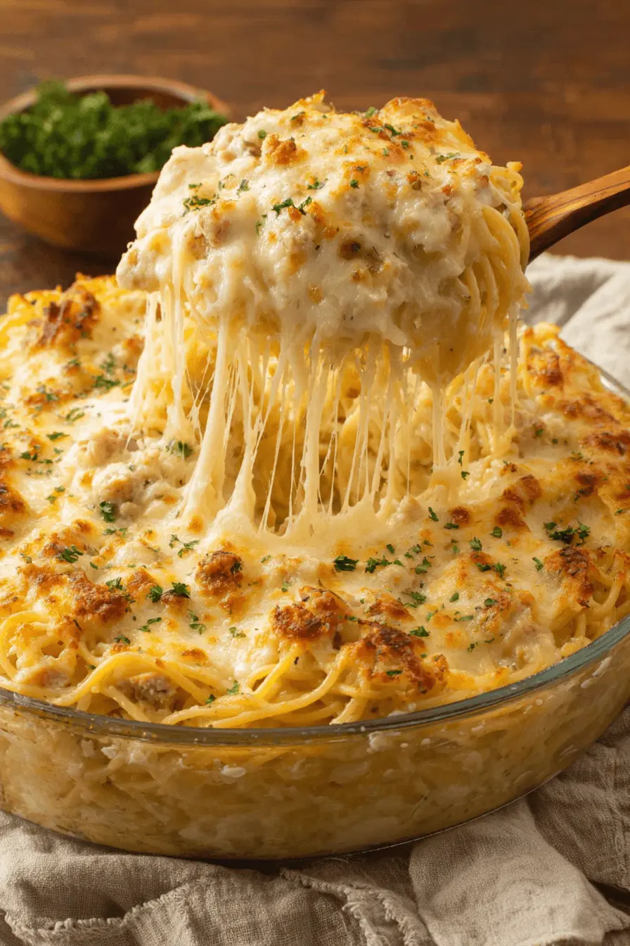 Amazing Joanna Gaines Chicken Spaghetti Recipe 2 A close-up of Joanna Gaines chicken spaghetti casserole in a glass dish, topped with golden-brown melted cheese and fresh parsley.