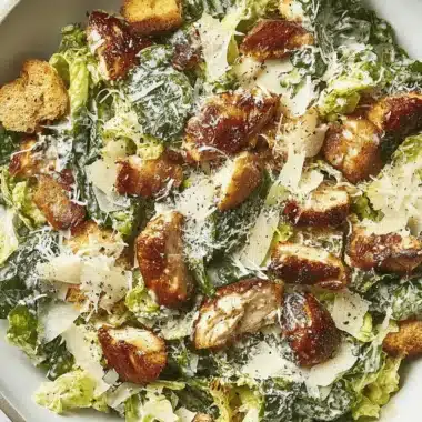 Ultimate Chicken Caesar Salad Recipe 19 Vibrant chicken Caesar salad with grilled chicken, crisp romaine, creamy dressing, croutons, and Parmesan, served in a gray bowl.