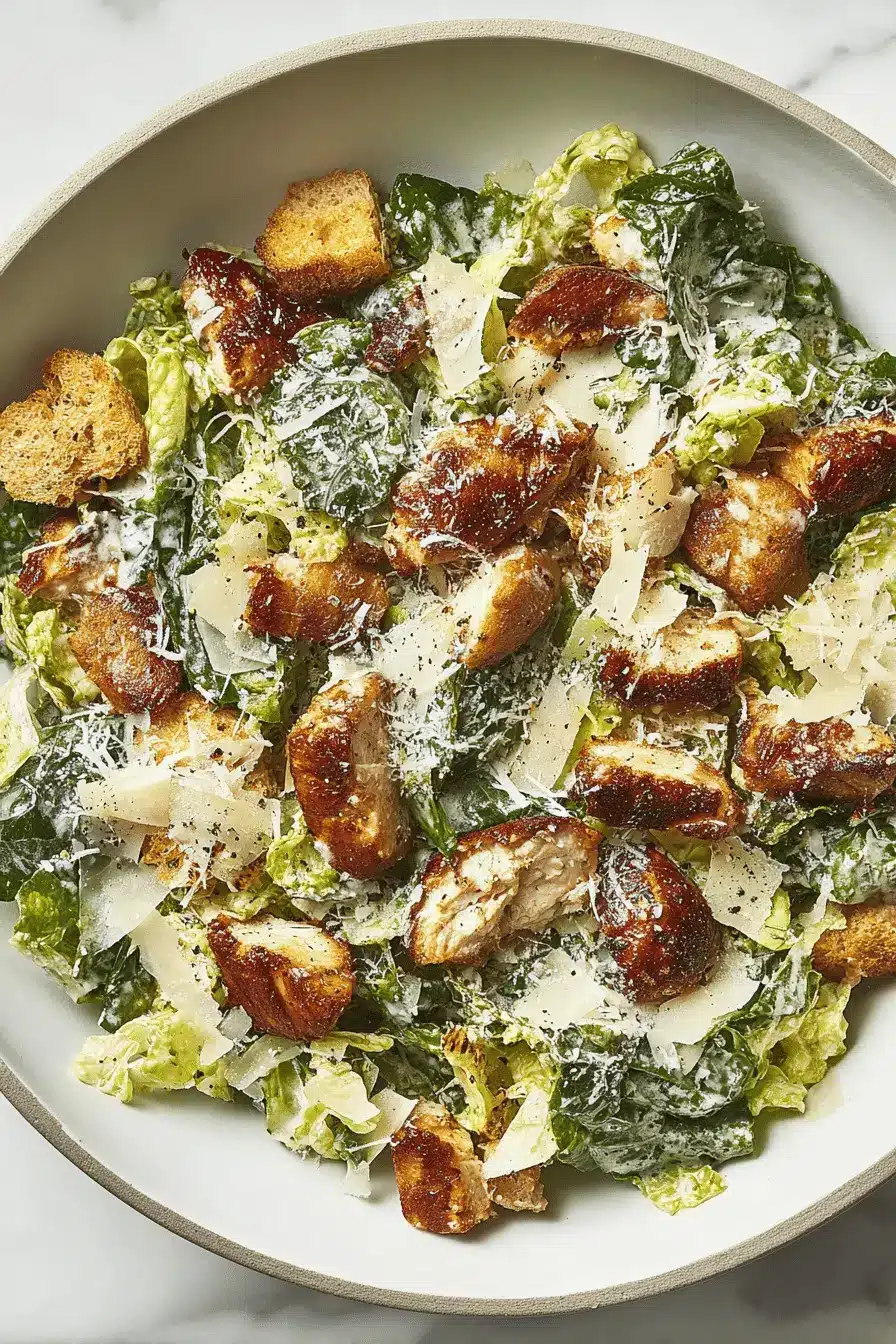 Ultimate Chicken Caesar Salad Recipe 2 Vibrant chicken Caesar salad with grilled chicken, crisp romaine, creamy dressing, croutons, and Parmesan, served in a gray bowl.
