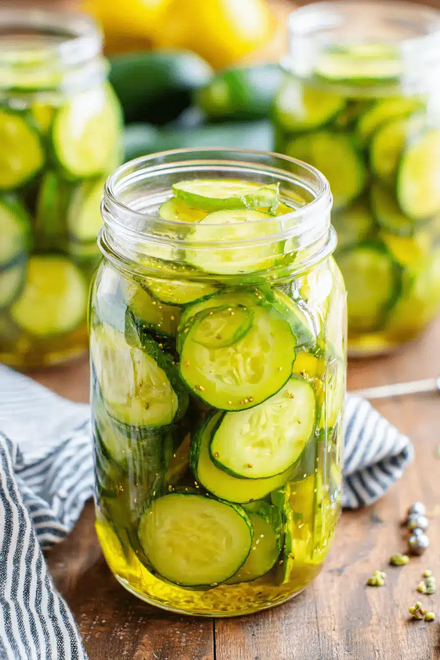 Amazing Refrigerator Pickles: Easy & Crispy! 10 Close-up of a mason jar filled with fresh, thinly sliced cucumber refrigerator pickles in brine, adorned with spices on a wooden surface.