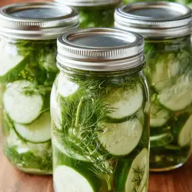 Amazing Crispy Refrigerator Pickles Dill 20 Close-up of four mason jars filled with vibrant green refrigerator pickles dill and spices on a wooden surface.