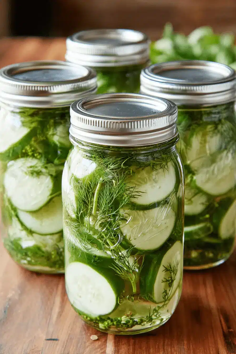 Amazing Crispy Refrigerator Pickles Dill 2 Close-up of four mason jars filled with vibrant green refrigerator pickles dill and spices on a wooden surface.