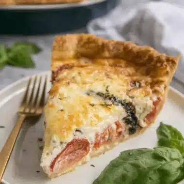 Ultimate Foolproof Tomato Pie Recipe 4 A delicious slice of homemade tomato pie with a golden crust, melted cheese, and fresh basil, perfect for your next tomato pie recipe.