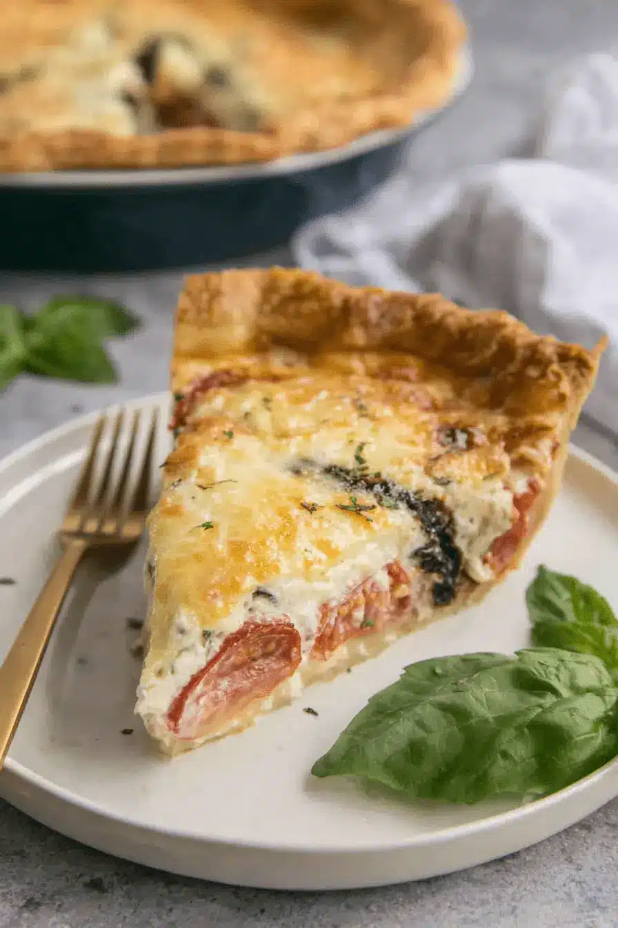 Ultimate Foolproof Tomato Pie Recipe 2 A delicious slice of homemade tomato pie with a golden crust, melted cheese, and fresh basil, perfect for your next tomato pie recipe.