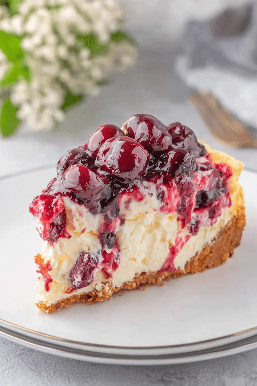 Simple No-Bake Cherry Cheesecake Recipe 2 Delectable slice of cherry cheesecake with vibrant cherry compote and a golden crust, an irresistible cherry cheesecake recipe.