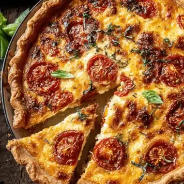 Ultimate Foolproof Tomato Pie Recipe 4 Homemade tomato and basil quiche, a rustic savory tomato pie with roasted cherry tomatoes and fresh basil.