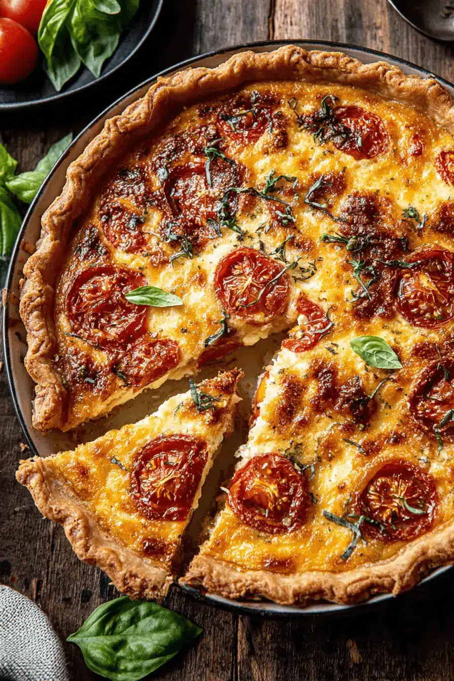 Ultimate Foolproof Tomato Pie Recipe 2 Homemade tomato and basil quiche, a rustic savory tomato pie with roasted cherry tomatoes and fresh basil.