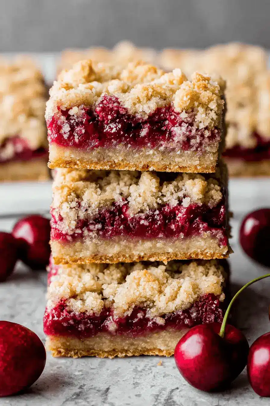 Amazing Cherry Crumble Bars: Easy & Foolproof 2 Close-up of stacked cherry crumble bars with a golden-brown base, vibrant cherry filling, and crumbly topping, surrounded by fresh cherries.