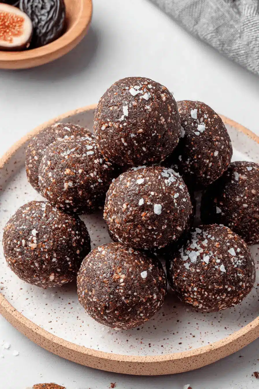 Amazing 10-Minute Fig Energy Balls 2 Close-up of homemade fig energy balls sprinkled with sea salt on a ceramic plate, with dried figs in the background.