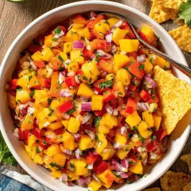 Amazing Fresh Peach Mango Salsa Recipe 4 Vibrant overhead shot of fresh peach mango salsa with tortilla chips and lime on a rustic wooden surface.